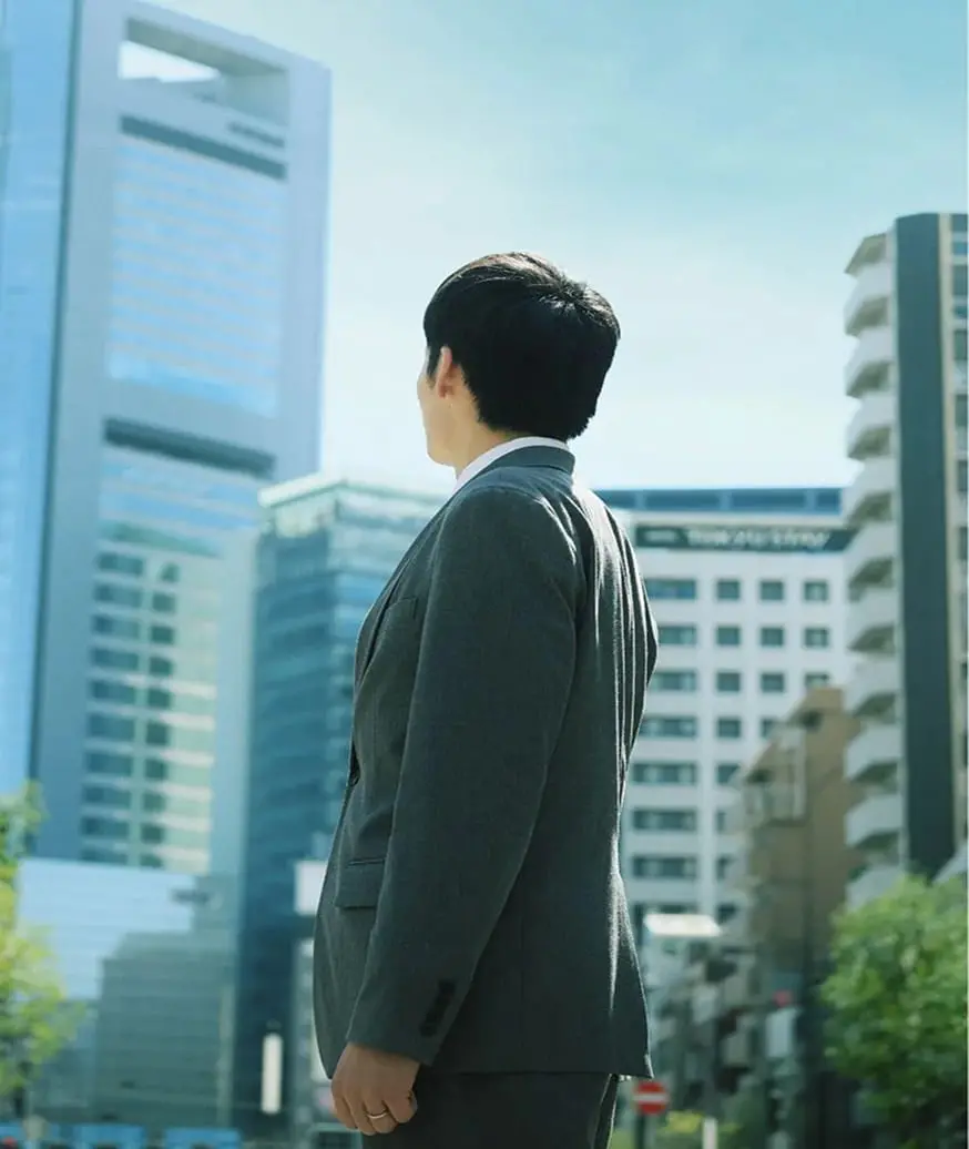 スーツ姿の男性が高層ビルを見上げている後ろ姿の写真